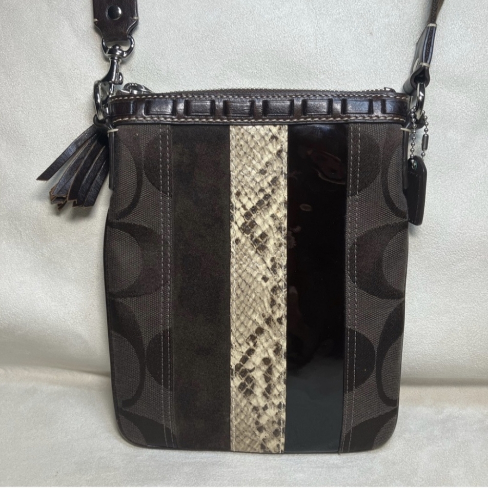 Coach Brown signature canvas crossbody swing pack bag. 6.5 in x 8.5 in
